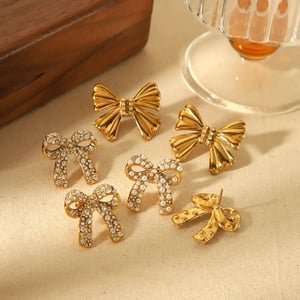 1 Pair Simple Series Sweet Bow Knot Stainless Steel  Gold Color Rhinestone Women's Stud Earrings h5 